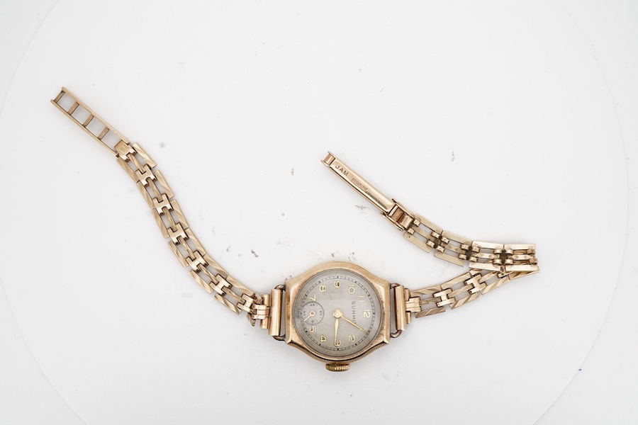 A lady's 1970's 9ct gold Summit manual wind wrist watch, with Arabic dial and subsidiary seconds, on a 9ct gold bracelet, case diameter 21mm, overall length 18.2cm, gross weight 16.3 grams.